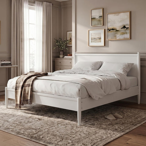 Mid-Century Modern King Platform Bed with Tapered Legs and Slats, White, view 2