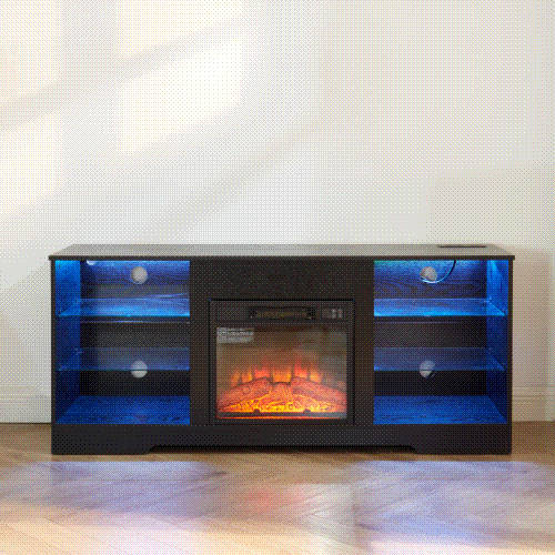 Electric Fireplace TV Stand with LED Lights and Glass Shelves, Black, view 9