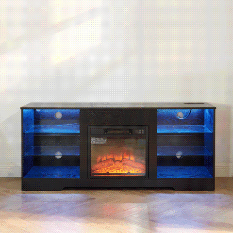 Electric Fireplace TV Stand with LED Lights and Glass Shelves, Black, view 9