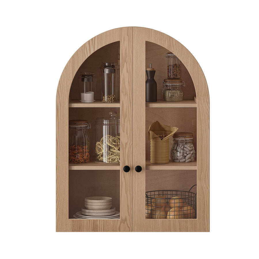 Arched Wall Cabinet with Tempered Glass Doors, Light Brown, view 8