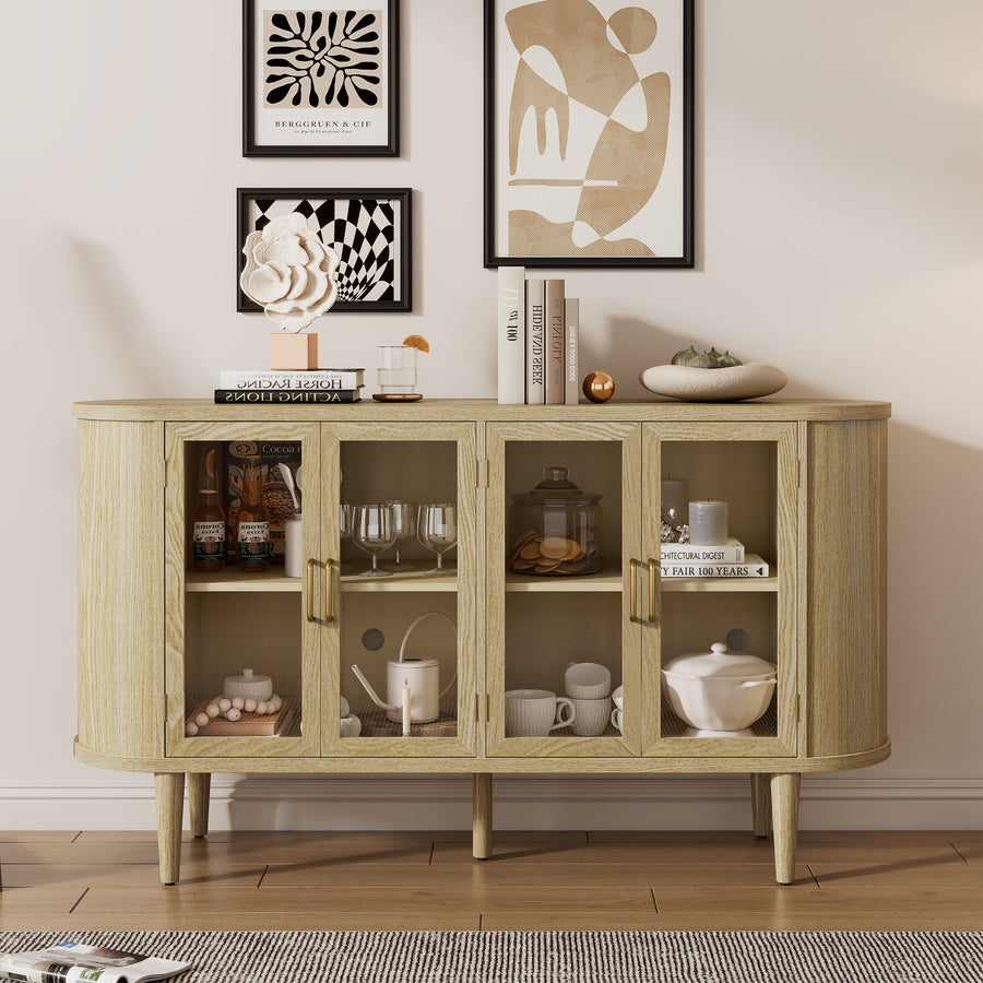 1PC TREXM 4-Door Farmhouse Sideboard - Natural Wood with Glass Doors & Adjustable Shelves