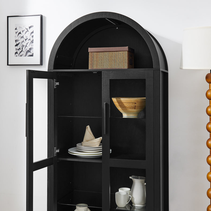 Arched Display Cabinet with Built-In Light and Adjustable Glass Shelves, Black, view 6