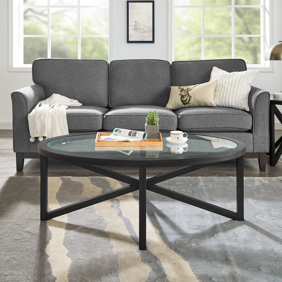 Modern Minimalist Round Tempered Glass Coffee Table - Solid Wood Base