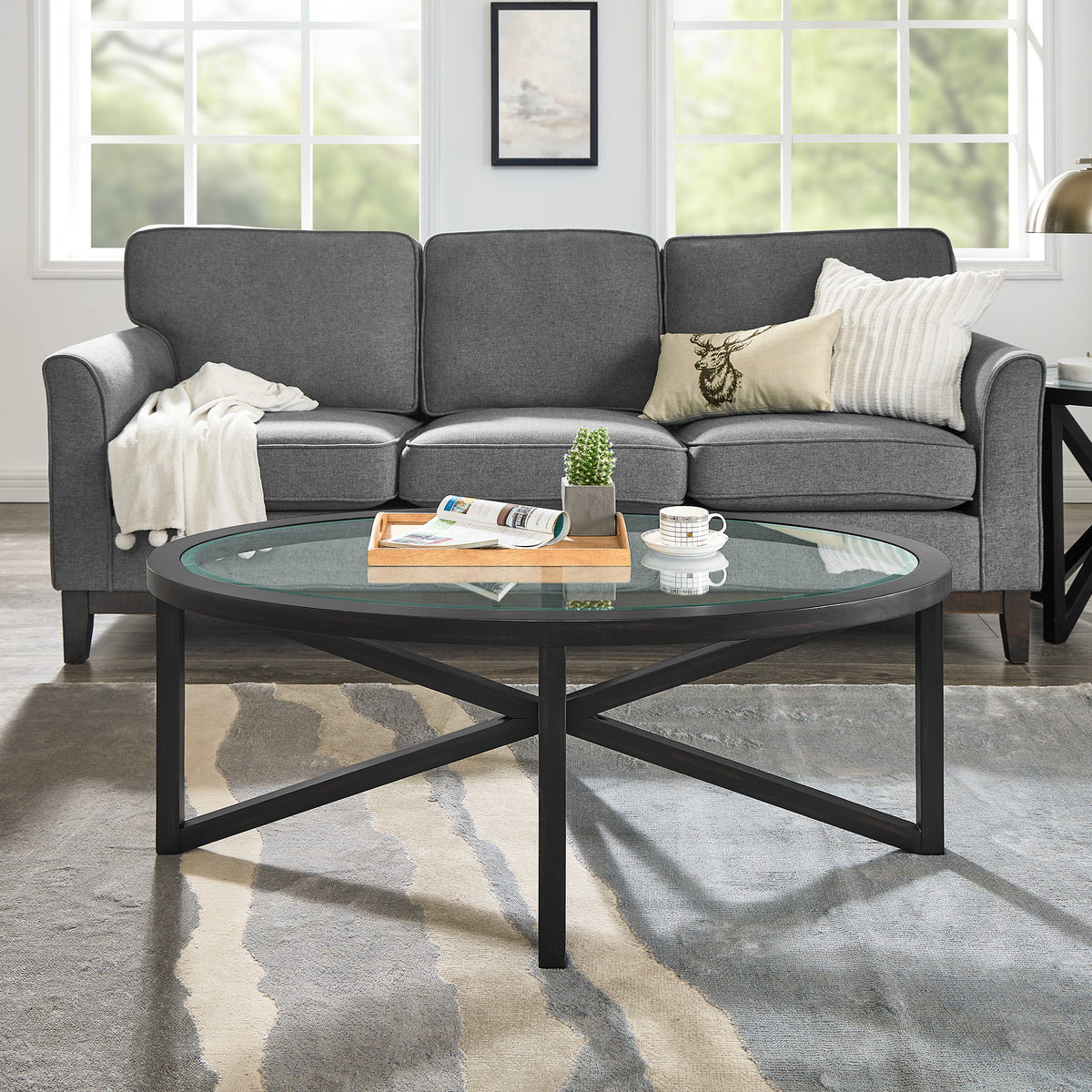 Modern Minimalist Round Tempered Glass Coffee Table - Solid Wood Base