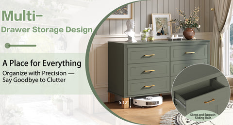 Mid-Century 6-Drawer Double Dresser with Metal Handles and Solid Wood Legs, Olive, view 9