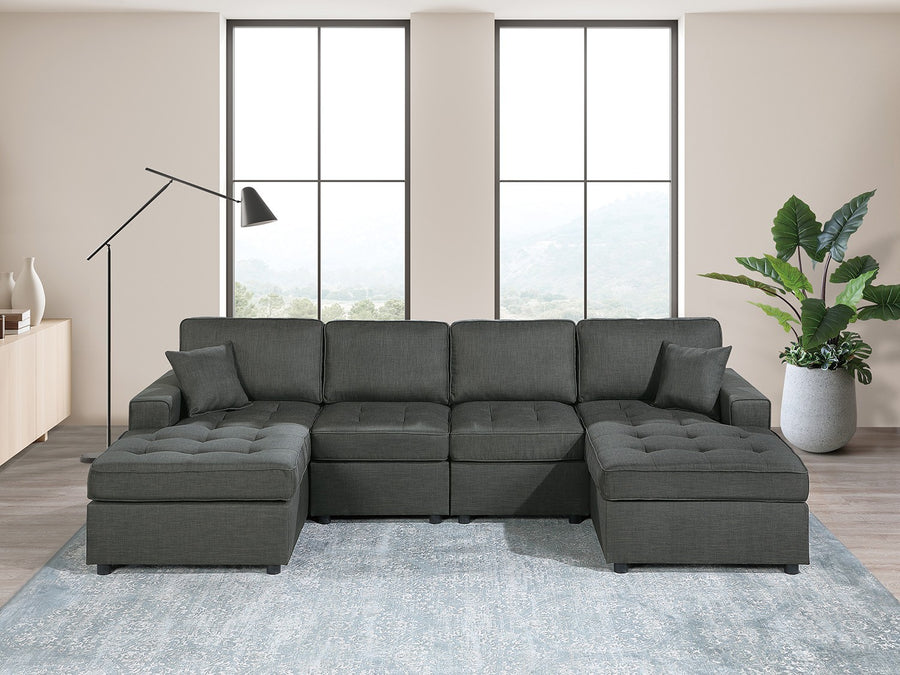 Ash Black Dorris Fabric Contemporary Sectional Sofa Set | RAF/LAF Chaise, Armless Chairs & Pillows