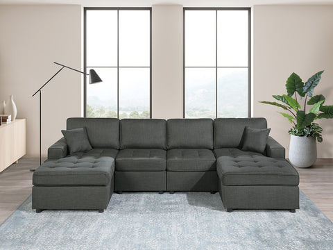 Ash Black Dorris Fabric Contemporary Sectional Sofa Set | RAF/LAF Chaise, Armless Chairs & Pillows