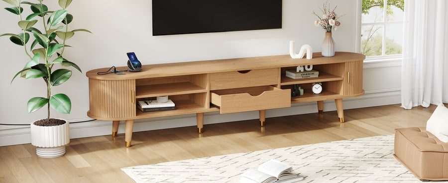 Fluted Oval TV Stand with Charging Station, Natural, view 19