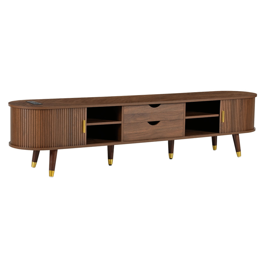 Fluted Oval TV Stand with Charging Station, Walnut, view 16
