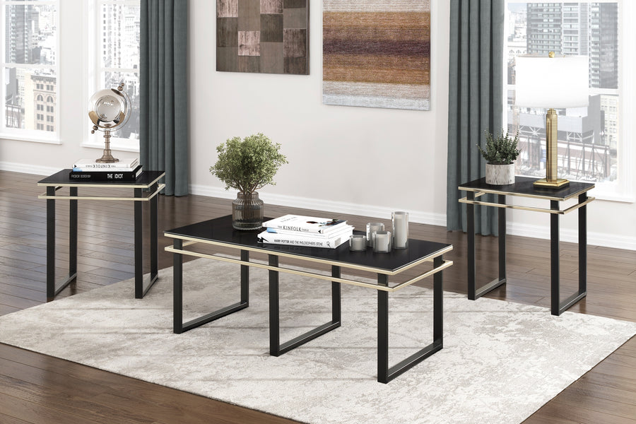 3PC Modern Black Tempered Glass Coffee Table Set - 2 End Tables with Metal Frame