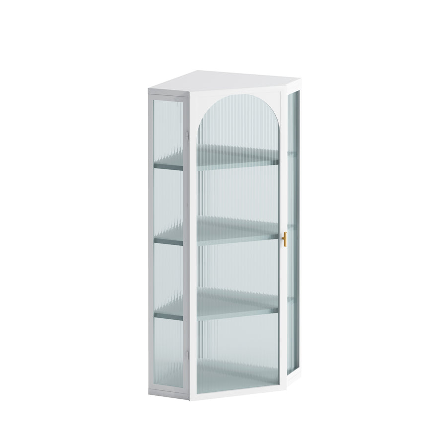 Wall-Mounted Corner Cabinet with Ribbed Glass Door and 4 Tiers, White, view 5