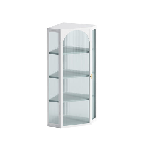 Wall-Mounted Corner Cabinet with Ribbed Glass Door and 4 Tiers, White, view 5