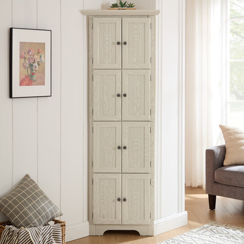 72" Corner Pantry Cabinet with 8 Doors and 4 Shelves, Tall Kitchen Storage Cabinet, White