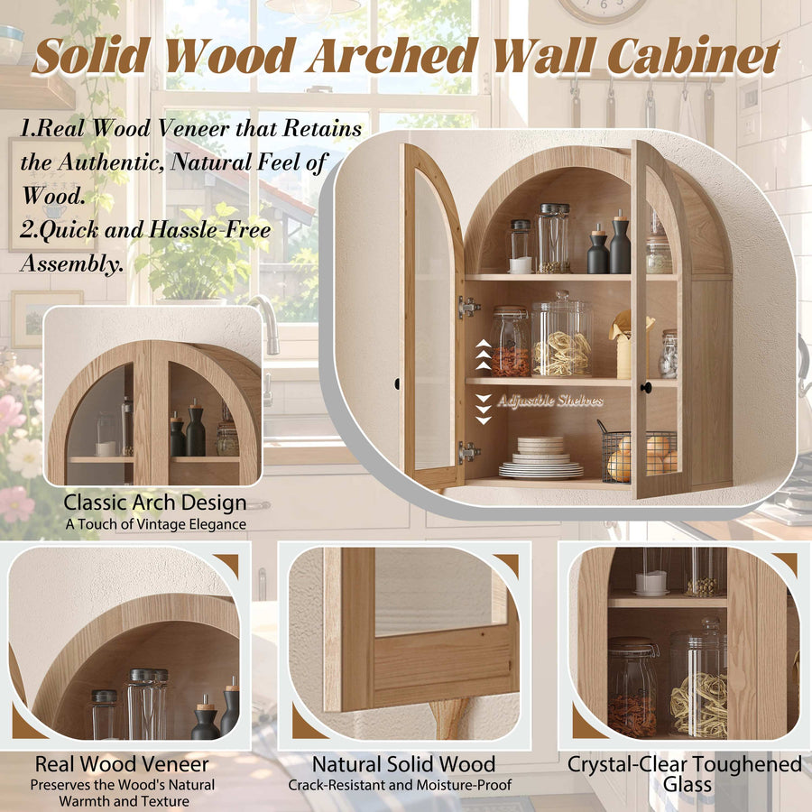 Arched Wall Cabinet with Tempered Glass Doors, Light Brown, view 5