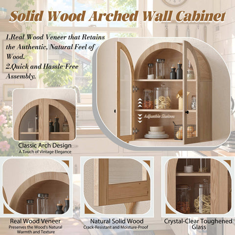Arched Wall Cabinet with Tempered Glass Doors, Light Brown, view 5