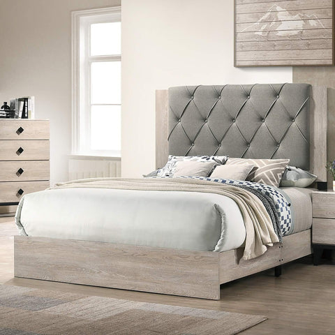 Contemporary Queen Bed with Gray Tufted Headboard, Cream, view 6