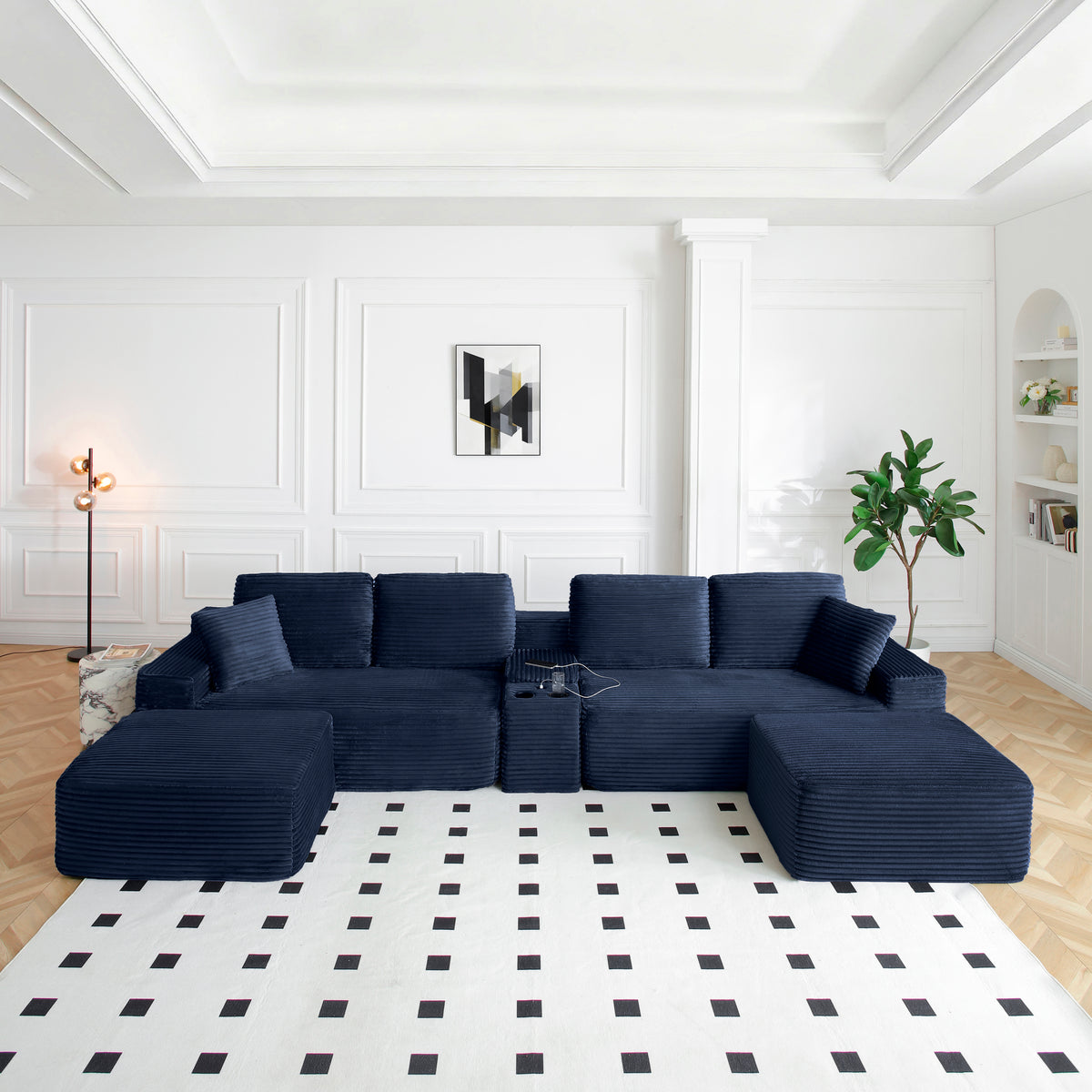 150" Oversized Cloud Sectional Sofa – L-Shape Deep Seat with Cup Holders & USB, Blue Corduroy