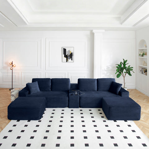150" Oversized Cloud Sectional Sofa – L-Shape Deep Seat with Cup Holders & USB, Blue Corduroy