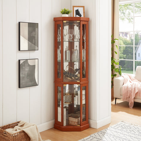 Lighted Corner Curio Cabinet with Glass Doors and Mirrored Back, Dark Oak, view 14