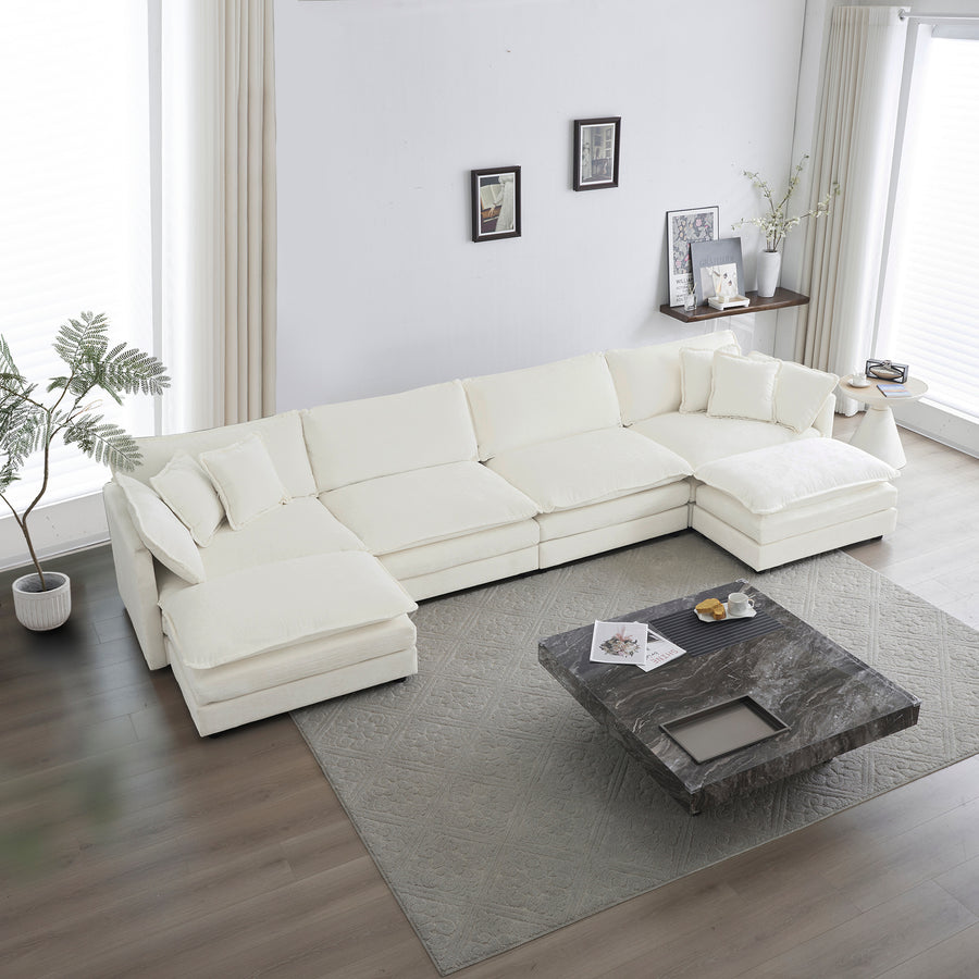 White Chenille 4-Piece Modular U/L-Shaped Sectional Sofa | Reversible Chaise & Double Extra Ottomans