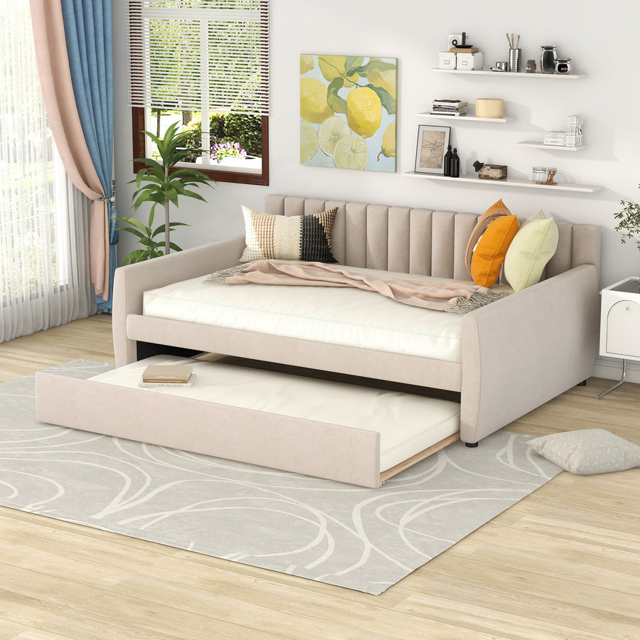Full Size Beige Upholstered Daybed with Trundle and Wood Slat Support – Modern Sofa Bed for Bedroom or Guest Room