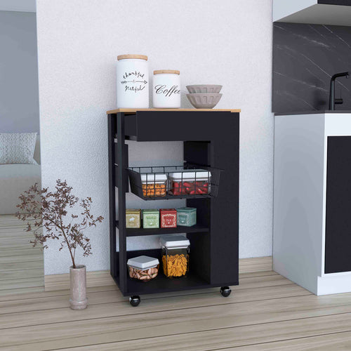 Rolling Kitchen Cart with Drawer, 2 Open Shelves and 4 Casters, Black and Light Oak