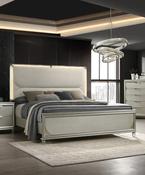 Glam Upholstered Queen Bed with LED Acrylic Headboard and Mirrored Embossed Panels, Silver