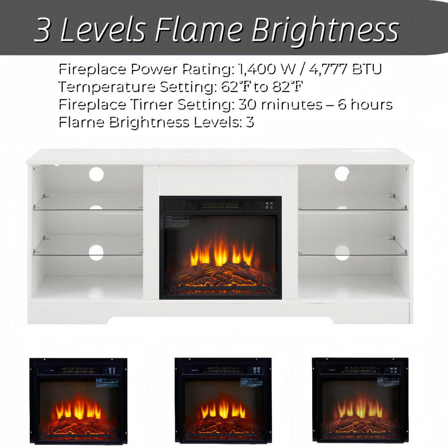 Electric Fireplace TV Stand with LED Lights and Glass Shelves, White, view 7