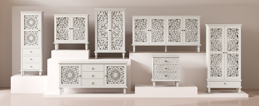 Farmhouse Accent Cabinet with Carved Hollow Doors and Turned Legs, Antique White, view 11