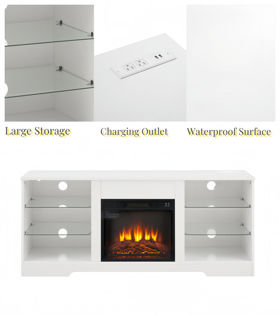 Electric Fireplace TV Stand with LED Lights and Glass Shelves, White, view 20