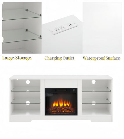 Electric Fireplace TV Stand with LED Lights and Glass Shelves, White, view 20