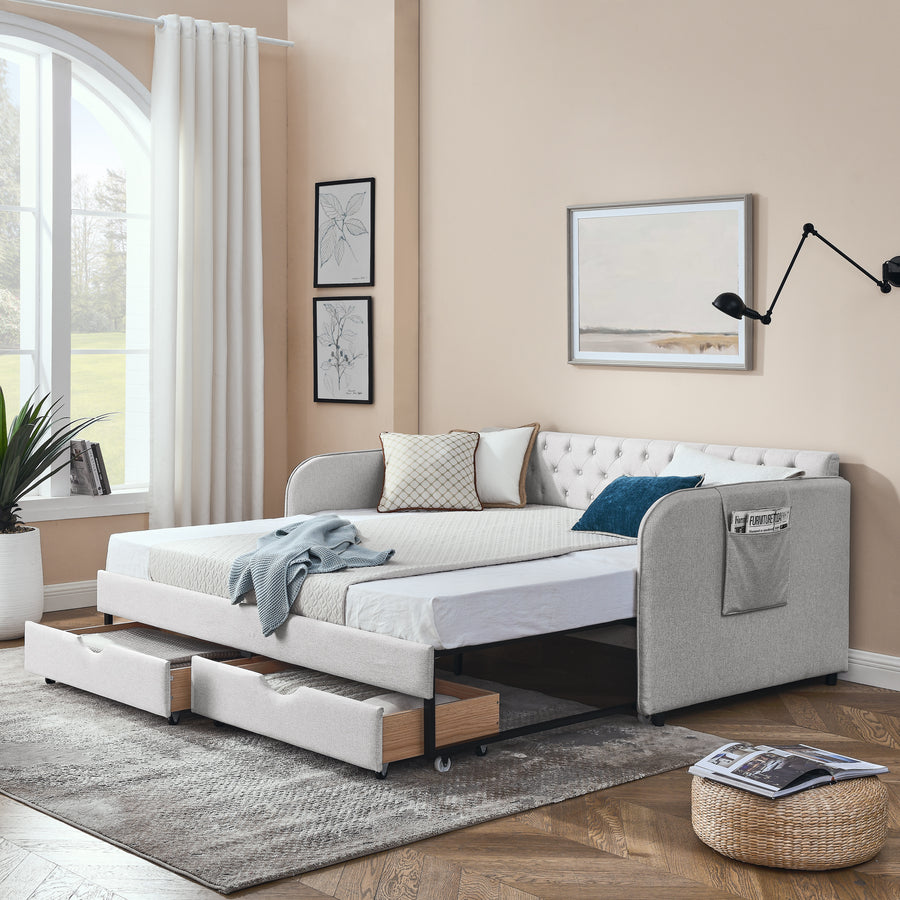 Twin Upholstered Daybed with Trundle & 2 Storage Drawers – Flat Arm Design with Side Pockets, Linen Beige