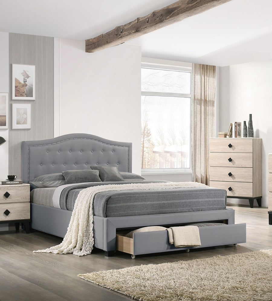 Twin Upholstered Bed with Arched Button-Tufted Headboard and Storage Drawer, Light Gray