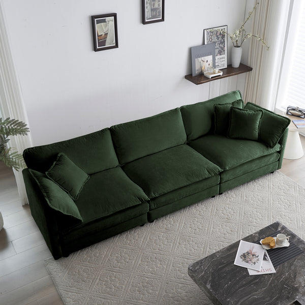 Mid-Century 3-Seat Sofa with Armrests and Toss Pillows, Green Chenille