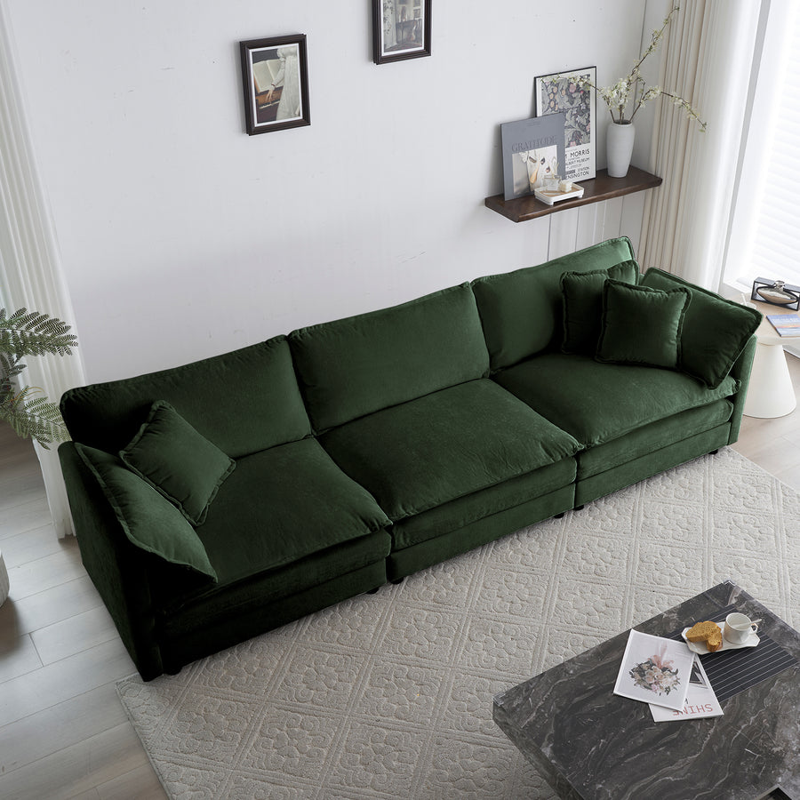 Green Chenille Mid-Century 3-Seat Sofa | W/ Armrest & Toss Pillows