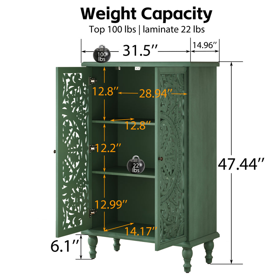 Farmhouse Accent Cabinet with Carved Hollow Doors and Turned Legs, Antique Green, view 6