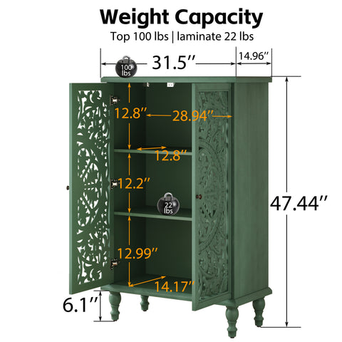 Farmhouse Accent Cabinet with Carved Hollow Doors and Turned Legs, Antique Green, view 6