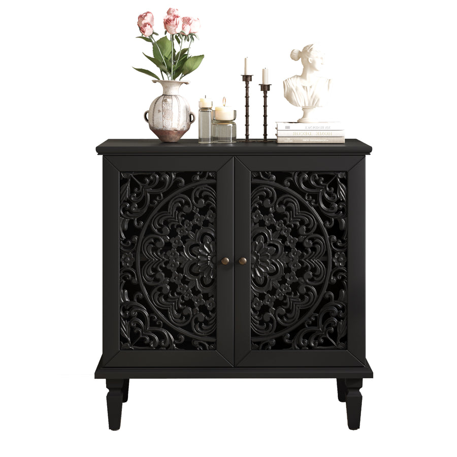 Vintage Accent Cabinet with Carved Floral Doors and Solid Wood Legs, Black, view 16