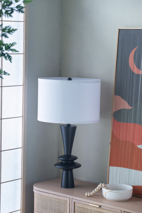 Aluminum Table Lamp with Two Round Accents and White Drum Shade, 26.7" Black