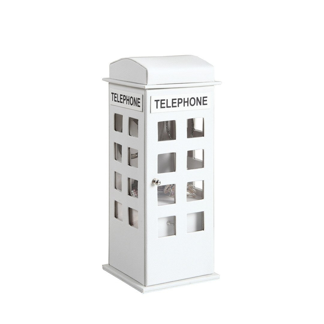 11.5' Tall White Leather Jewelry Box – British Telephone Booth Design Organizer for Women & Girls