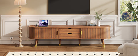 Fluted Oval TV Stand with Charging Station, Walnut, view 18