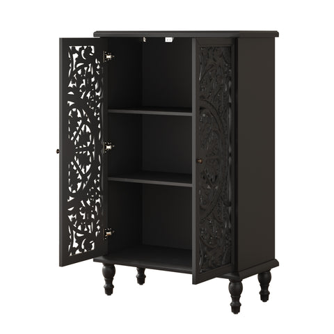 Farmhouse Accent Cabinet with Carved Hollow Doors and Turned Legs, Black, view 15