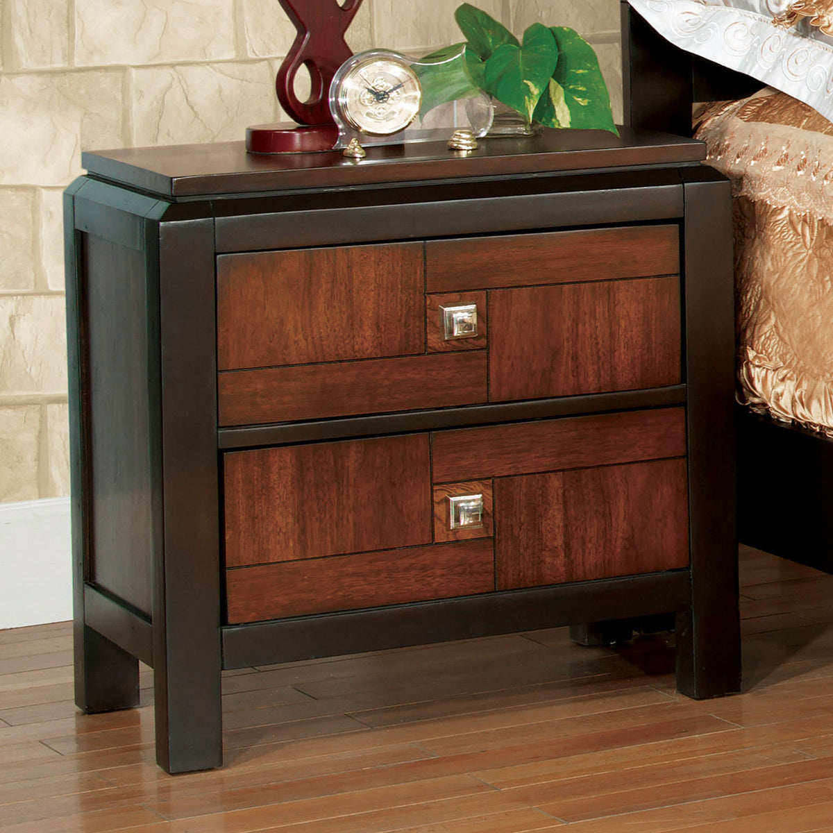 Transitional Acacia Walnut Solid Wood Nightstand - 2-Drawer Square Chrome Knobs Multitone