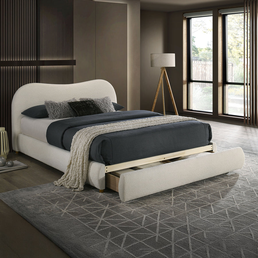 Boucle Upholstered Queen Bed with Curved Headboard and Footboard Storage Drawer, White