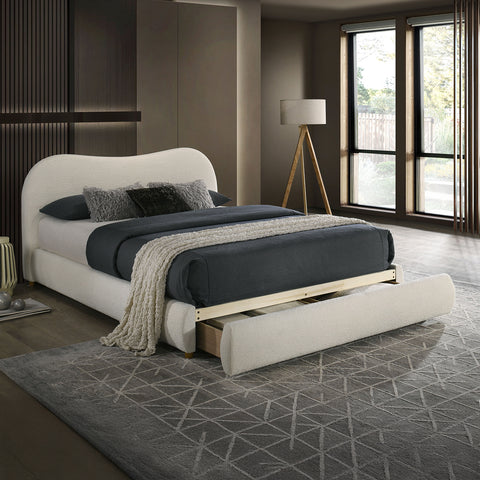 Boucle Upholstered Queen Bed with Curved Headboard and Footboard Storage Drawer, White