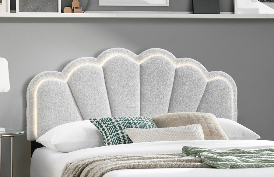 Queen Upholstered Platform Bed with Floral Headboard and Built-In LED, White, view 9
