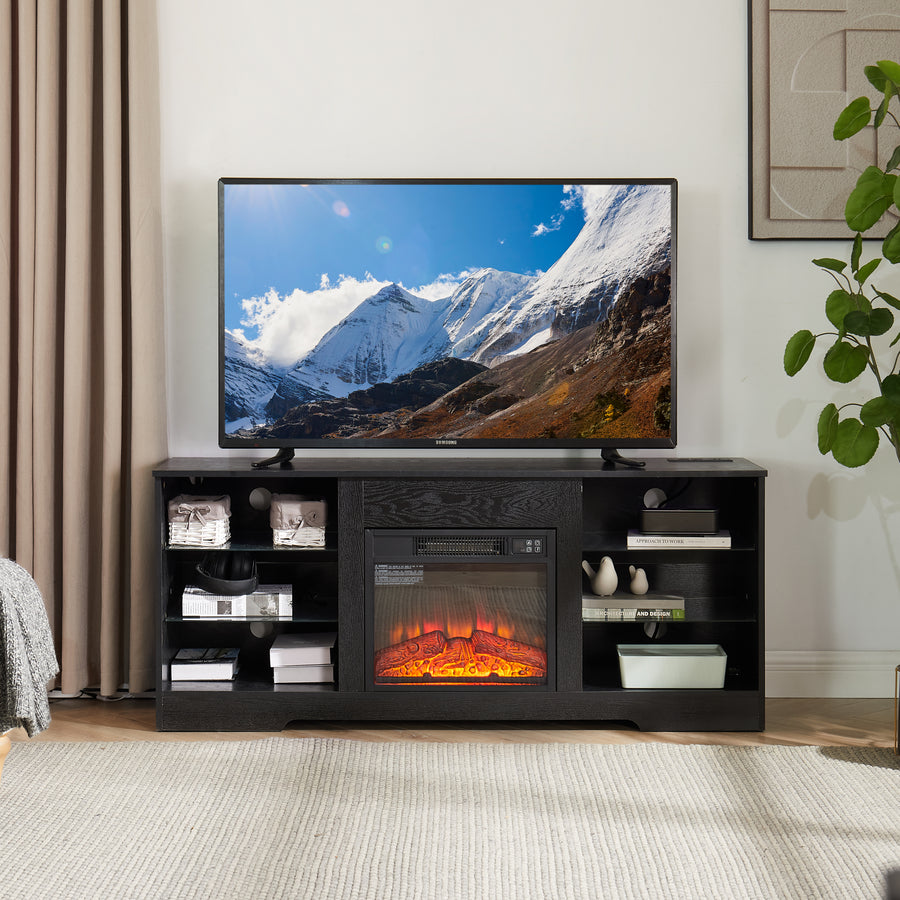 Electric Fireplace TV Stand with LED Lights and Glass Shelves, Black, view 10