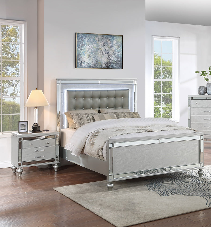 Tufted Faux Leather King Bed with LED Lights and Mirror Trim, Silver, view 8