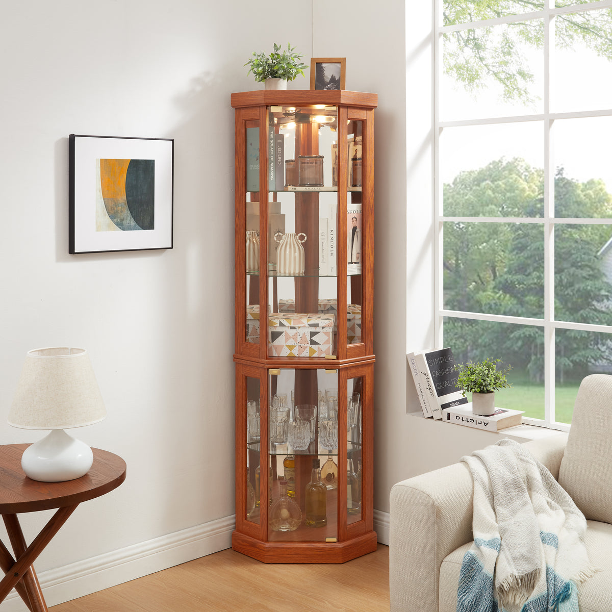 Lighted Corner Curio Cabinet with Glass Doors and Mirrored Back, Dark Oak