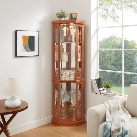 Lighted Corner Curio Cabinet with Glass Doors and Mirrored Back, Dark Oak
